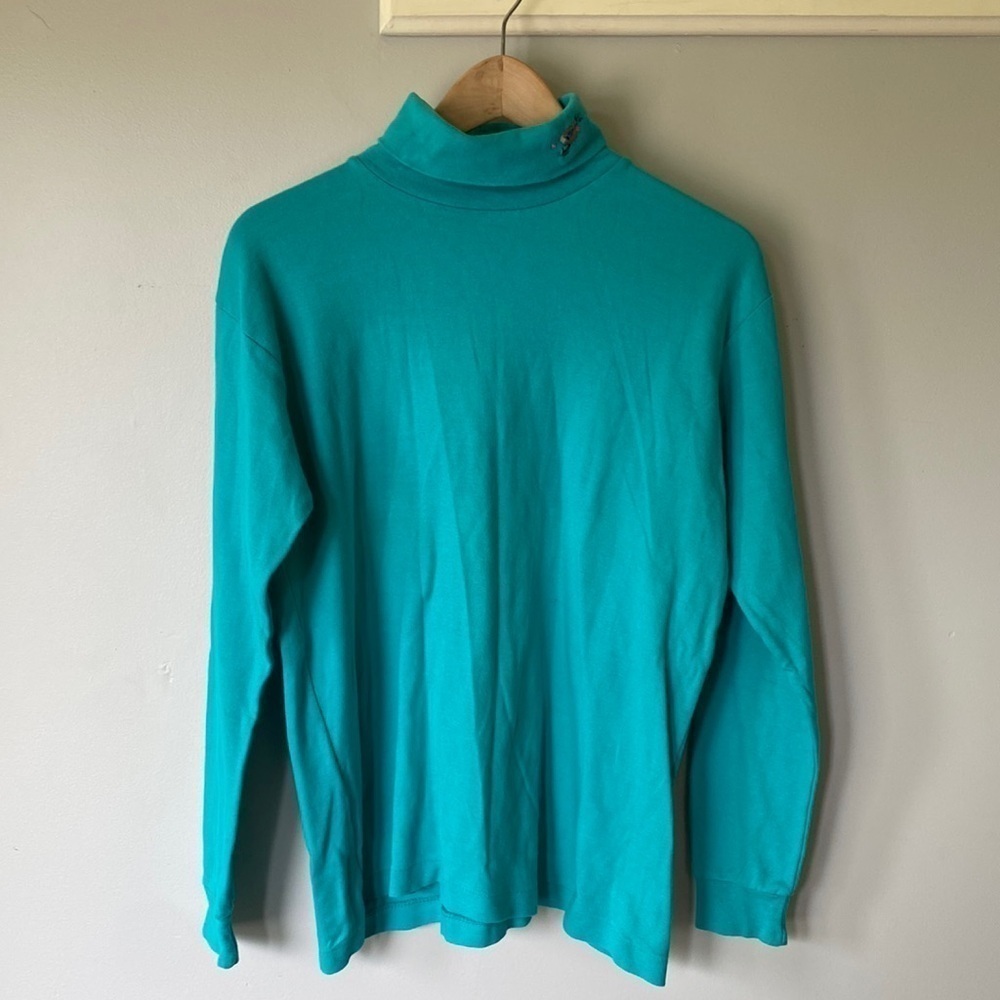 Vintage teal blue turtleneck with bird's nest embroidery